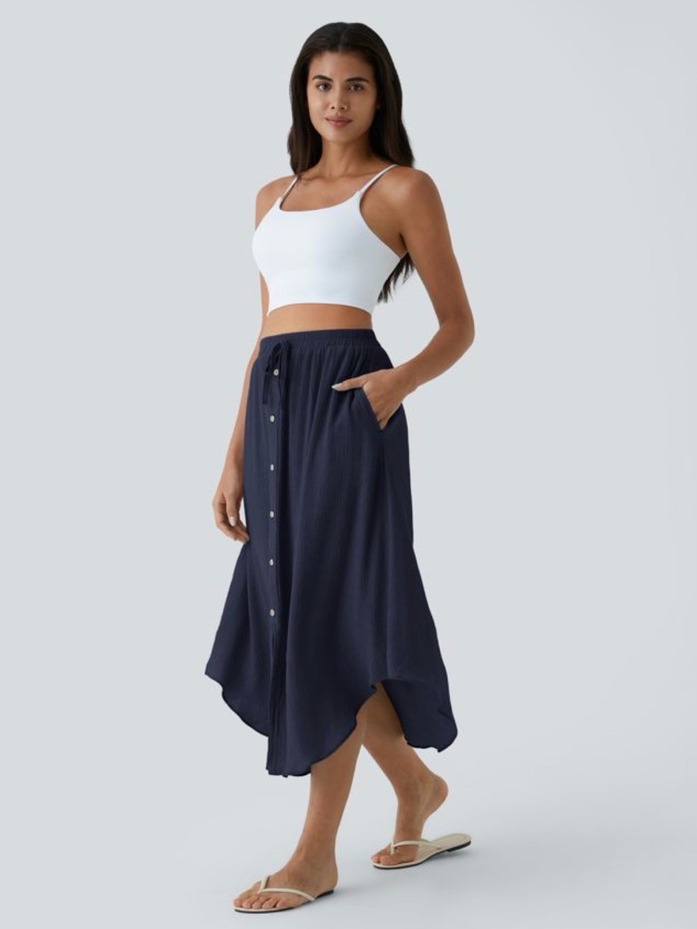 HALARA High Waisted Drawstring Pocket Flowy Midi Casual Skirt - Picture 5 of 6